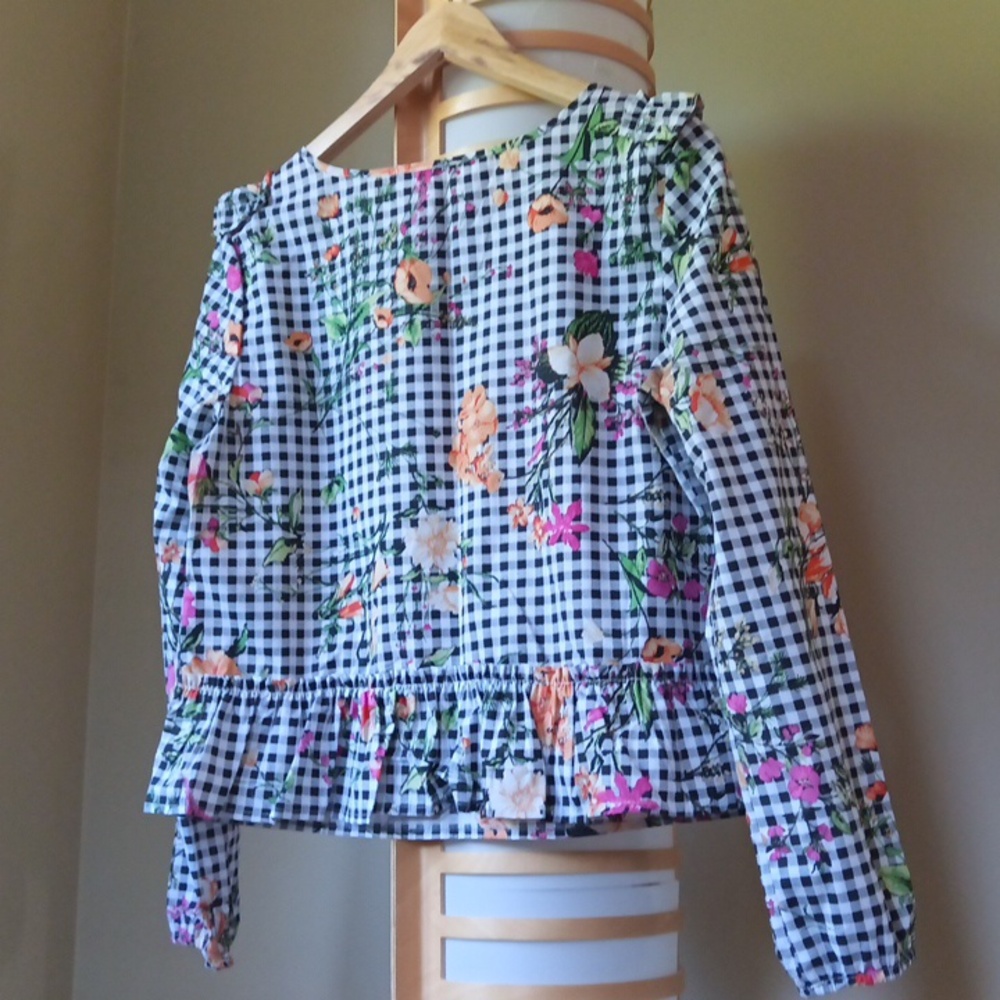 Ptp19" 🆕 Ripe Floral Gingham Blouse - Black,White,Pink,Orange with Ruffles